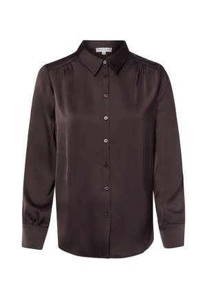 Langärmelige dunkelbraune Satinbluse mit durchgehender Knopfleiste, spitzem Kragen und taillierten Manschetten.