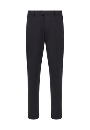 Pantalons noirs ajustés à coupe droite, en tissu lisse, avec fermeture éclair, passants de ceinture et sans motifs ni accents visibles.