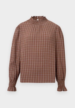 Blouse à manches longues à carreaux bruns avec un col haut volanté, des poignets élastiqués et une coupe ample. Présente des lignes blanches en damier sur l'ensemble.
