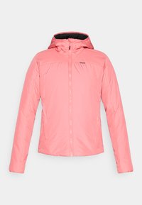 Lichte roze jas met een capuchon, rits aan de voorkant en lange mouwen; heeft een zachte textuur en subtiele stikseldetails.