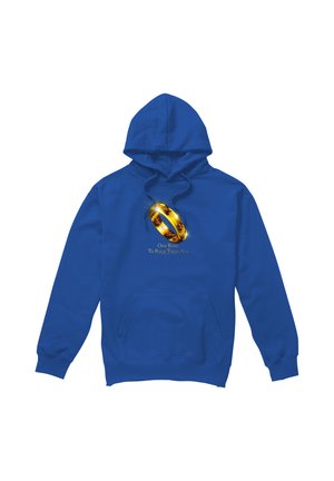 Blauer Kapuzenpullover mit einem leuchtenden goldenen Ring und dem Text „Ein Ring, sie alle zu beherrschen“ vorne in der Mitte gedruckt.