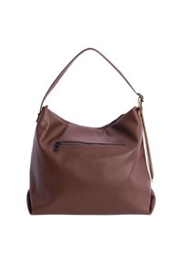 Bolso de hombro de cuero marrón con textura suave, forma redondeada, bolsillo frontal con cremallera y una correa ajustable única.
