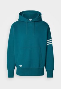 Tyrkis hoodie med en framficka, dragsko i huvan och tre vita ränder på vänster ärm. Har ribbade ärmslut och nederkant.