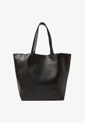 Sac fourre-tout en cuir noir avec deux anses d'épaule et une finition lisse légèrement brillante, présenté sur un fond blanc.