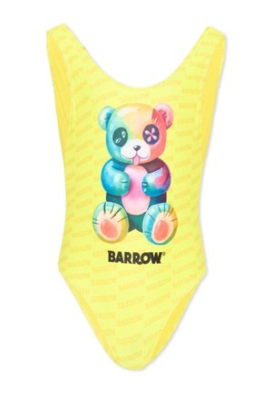 Żółty jednoczęściowy strój kąpielowy z wielokolorowym nadrukiem misia oraz napisem "BARROW" umieszczonym poniżej misia z przodu.