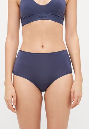 Navy blue high-waisted briefs in a smooth, stretchy fabric. Features subtle branding on waistband. Simple, seamless design.