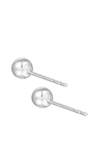 Sølv-stud øreringe med et rundt kugledesign og en lang slank stang. Glat, reflekterende overflade med en blank finish.