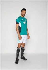 Zelený a čierny futbalový dres s krátkym rukávom, biele šortky a čierne ponožky. S bielymi pruhmi a logom. Čierne kopačky.