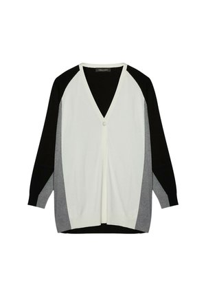V-Ausschnitt-Cardigan mit einer Knopfverschluss, farblich abgesetztem Design in Weiß, Schwarz und Grau sowie langen Raglanärmeln. Weiche Stricktextur.