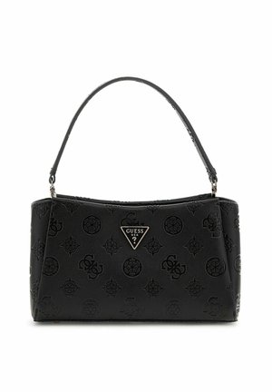 Borsa nera con una superficie testurizzata che presenta un motivo di logo. Ha un manico singolo e un accento in metallo a forma triangolare.