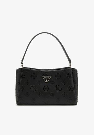 Sac à main noir avec une surface texturée présentant un motif de logos. Il a une poignée unique et un accent logotype en métal triangulaire.