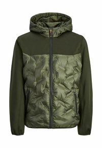 Padded zielona kurtka z kapturem, z gładką górną częścią i teksturowaną dolną częścią, z zapięciem na zamek błyskawiczny oraz bocznymi kieszeniami.