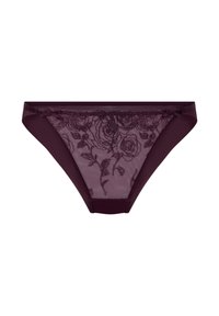 Burgunderfarbene Spitzen- und Netz-Hipster-Slips mit floralem Stickerei, einer glatten Taille und zarten Schleifenakzenten.