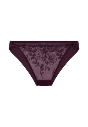 Burgundy lace and mesh hipster briefs featuring floral embroidery, with a smooth waistband and delicate bow accents.
