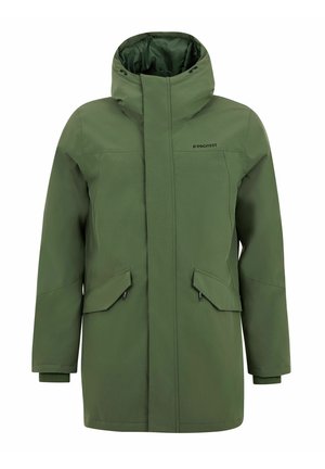 Groene waterdichte jas met hoge kraag, voorritssluiting, twee schuine zakken en elastische manchetten. Kenmerkt zich door een solide, gladde textuur.