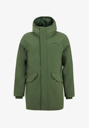 Groene waterdichte jas met hoge kraag, voorritssluiting, twee schuine zakken en elastische manchetten. Kenmerkt zich door een solide, gladde textuur.