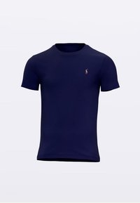 Granatowy bawełniany t-shirt z krótkim rękawem, okrągłym dekoltem i małym haftowanym logo w kontrastowym kolorze na piersi.