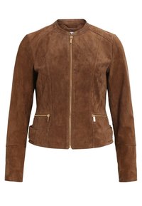 Chaqueta de ante marrón con un diseño ajustado, cuello redondo y cremallera dorada. Cuenta con dos bolsillos laterales con cremallera y detalles sin costuras en los hombros.