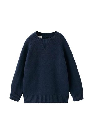 Pull en tricot bleu marine avec un col rond, des poignets côtelés et un ourlet inférieur. Texture douce et coupe décontractée avec un détail de couture subtil.