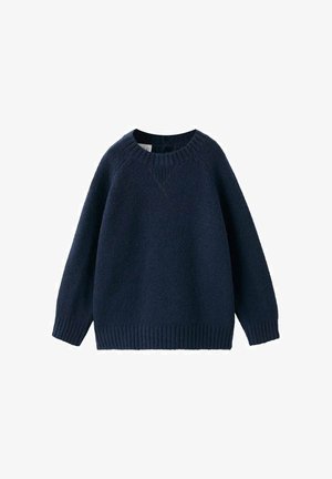 Marineblauer Strickpullover mit rundem Ausschnitt, gerippten Bündchen und unterem Saum. Weiche Textur und legere Passform mit dezenten Nähten.