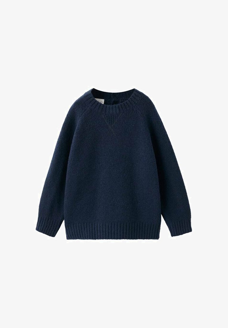 Marineblauer Strickpullover mit rundem Ausschnitt, gerippten Bündchen und unterem Saum. Weiche Textur und legere Passform mit dezenten Nähten.