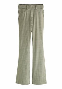 Pantaloni a zampa d'elefante in un motivo a quadri verde e nero. Presentano cinque tasche, passanti per cintura e una chiusura con cerniera.