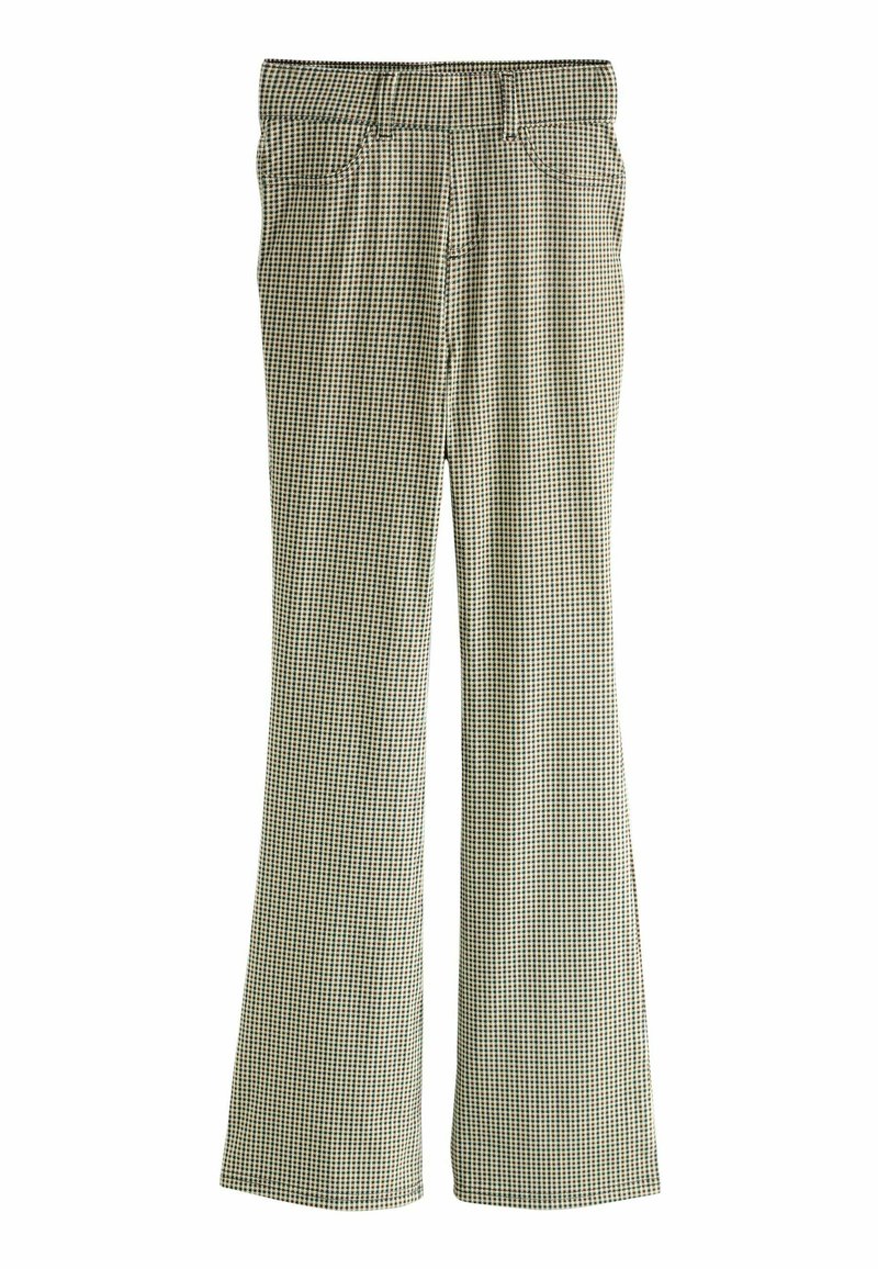 Pantaloni a zampa d'elefante in un motivo a quadri verde e nero. Presentano cinque tasche, passanti per cintura e una chiusura con cerniera.