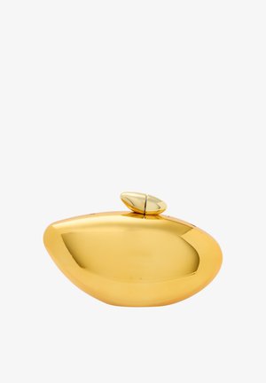 Zlatá láhev s oválným tvarem a hladkým povrchem. Má zaoblené víčko, reflexní texturu a minimalistický design.