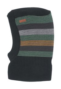 Häkelte Halswärmer mit horizontalen Streifen in Grün, Schwarz, Weiß und Orange, einem schwarzen Rippenbund und einem Markenetikett.