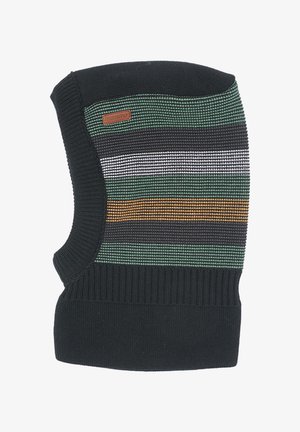 Knitted neck warmer featuring horizontal stripes in green, black, white, and orange, with a black ribbed bottom and a branded label.