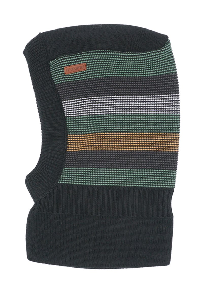 Häkelte Halswärmer mit horizontalen Streifen in Grün, Schwarz, Weiß und Orange, einem schwarzen Rippenbund und einem Markenetikett.