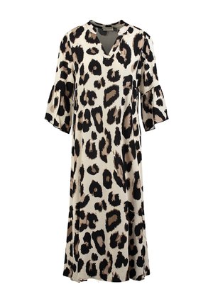 Długa kremowa sukienka z nieregularnym czarno-brązowym wzorem w panterkę, z dekoltem w serek i rozkloszowanymi rękawami do łokcia.