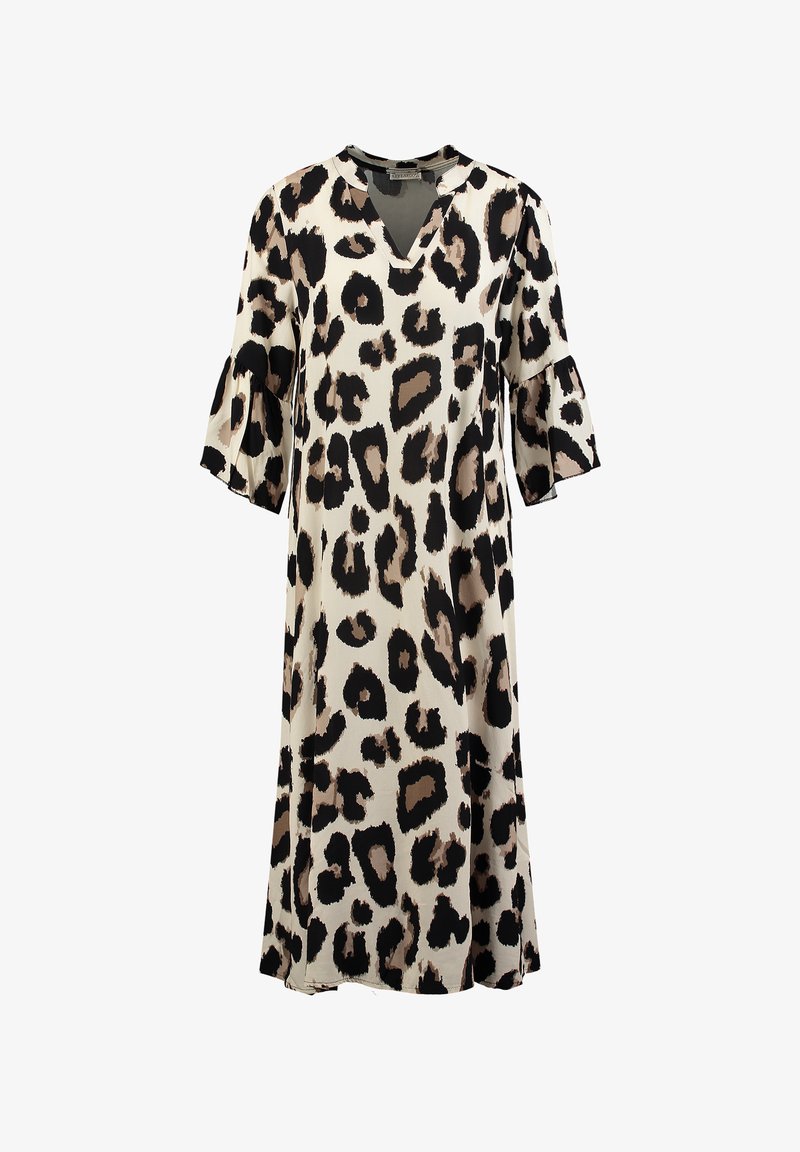 Vestido largo crema con estampado irregular de leopardo en negro y marrón, escote en V y mangas acampanadas hasta tres cuartos.