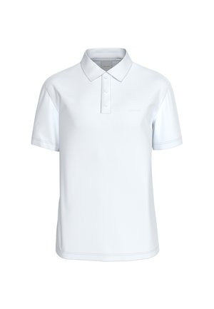 Polo blanc à manches courtes avec trois boutons et un col pointu, arborant un logo subtil Calvin Klein sur le côté gauche de la poitrine.