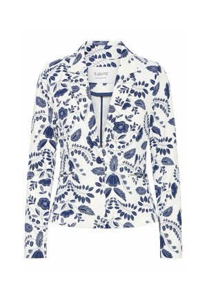 Blazer blanc avec motif floral bleu marine, col cranté et manches longues. Comprend deux boutons et une silhouette ajustée.