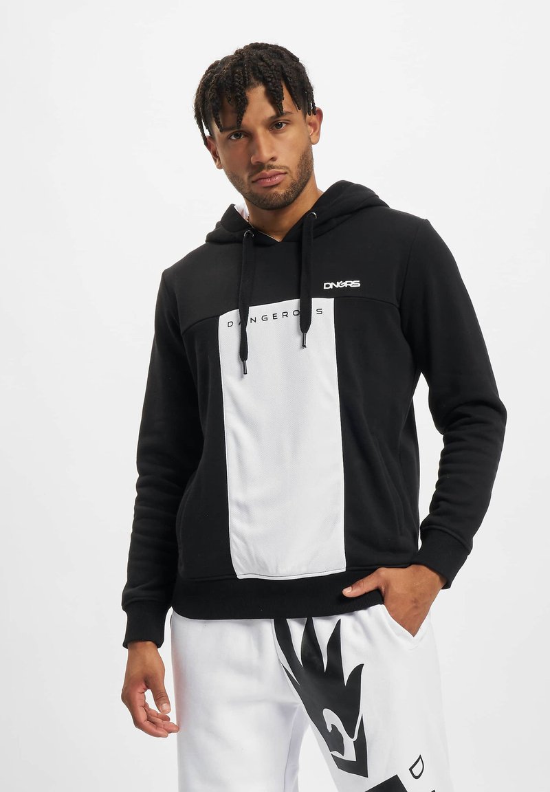 Felpa con cappuccio in bianco e nero con un pannello grafico frontale, dotata di cordini e logo. Tessuto morbido con una vestibilità rilassata.