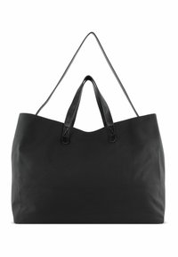 Sac fourre-tout noir avec une texture douce et mate, doté de longues anses plates et d'un design large et ouvert. Pas de quincaillerie ni d'embellissements visibles.