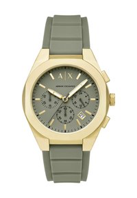 Zegarek Armani Exchange z złotą kopertą, zieloną tarczą i paskiem, trzema subtarczami, oknem daty na godzinie 4 oraz złotymi znacznikami godzinowymi.