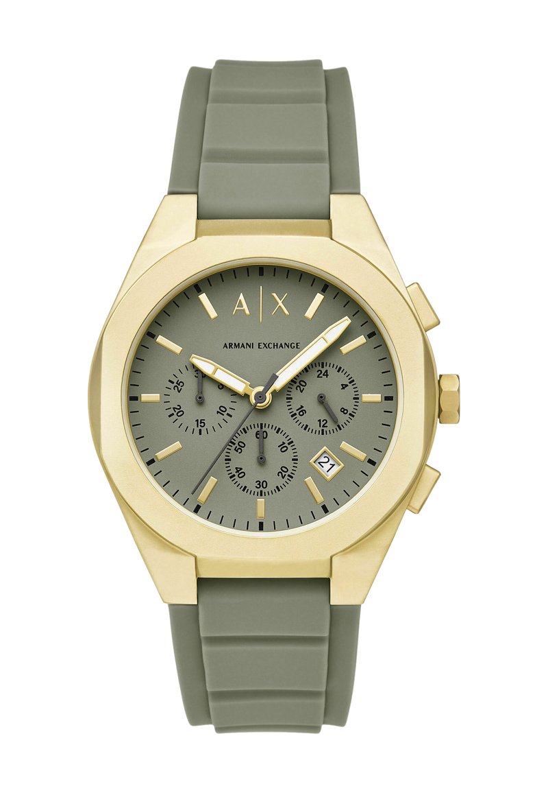 Zegarek Armani Exchange z złotą kopertą, zieloną tarczą i paskiem, trzema subtarczami, oknem daty na godzinie 4 oraz złotymi znacznikami godzinowymi.