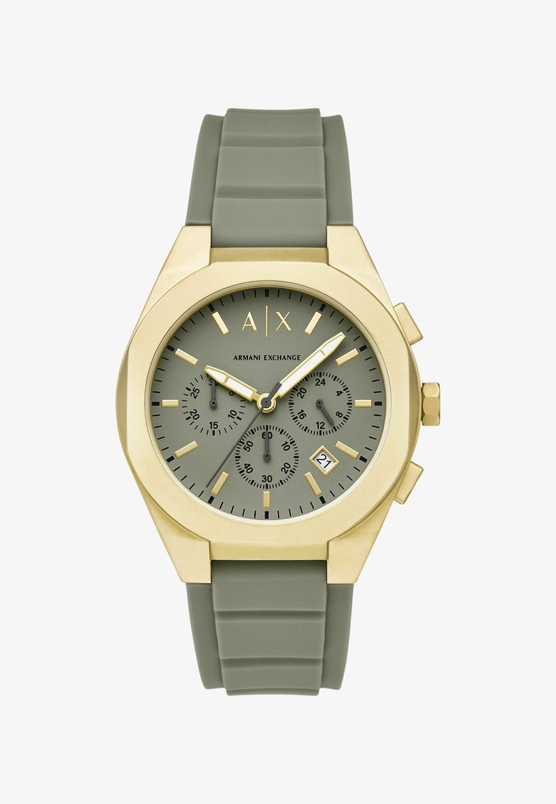 Zegarek Armani Exchange z złotą kopertą, zieloną tarczą i paskiem, trzema subtarczami, oknem daty na godzinie 4 oraz złotymi znacznikami godzinowymi.