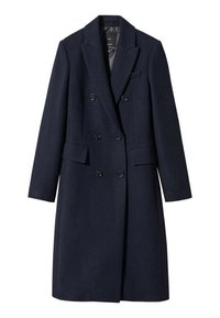 Cappotto in lana blu navy doppiopetto con colletto a risvolto, due tasche laterali e sei bottoni. Texture liscia, design lungo fino al ginocchio.
