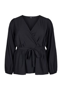 Blusa nera avvolgente con maniche lunghe a palloncino, vita da annodare e un tessuto testurizzato con un motivo sottile. Progettata con un profondo scollo a V.