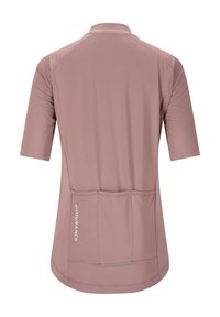 Maillot de cyclisme à manches courtes en rose clair, fabriqué à partir d'un tissu lisse. Dispose de trois poches arrière et d'accents réfléchissants pour la visibilité.