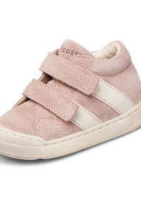 Sneaker alte in suede rosa con due cinturini in Velcro bianchi, colletto imbottito e suola in gomma testurizzata.