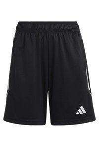 Schwarze Sportshorts aus leichtem Material mit elastischem Bund, ausgestattet mit weißen Seitenelementen und einem kleinen Logo in der Nähe des Saums.