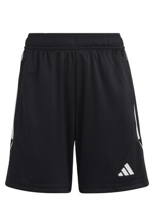 Schwarze Sportshorts aus leichtem Material mit elastischem Bund, ausgestattet mit weißen Seitenelementen und einem kleinen Logo in der Nähe des Saums.
