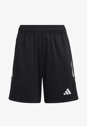 Schwarze Sportshorts aus leichtem Material mit elastischem Bund, ausgestattet mit weißen Seitenelementen und einem kleinen Logo in der Nähe des Saums.