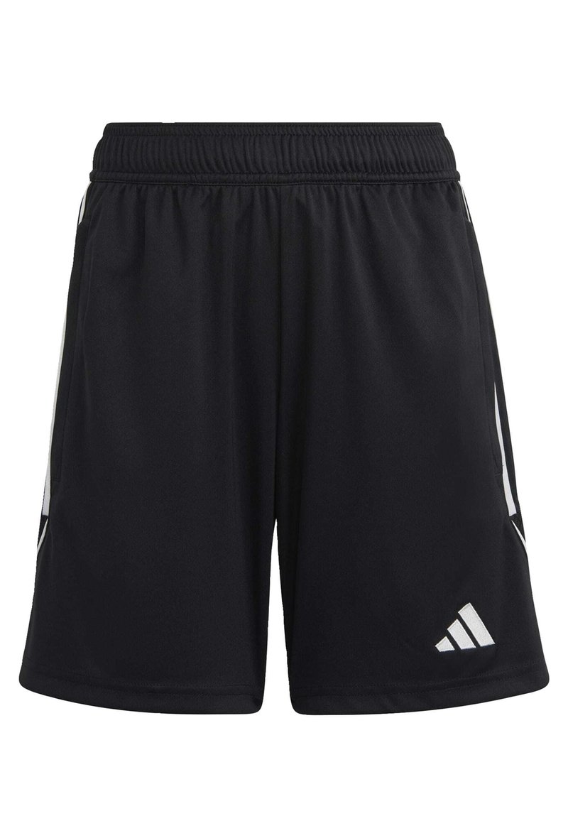 Schwarze Sportshorts aus leichtem Material mit elastischem Bund, ausgestattet mit weißen Seitenelementen und einem kleinen Logo in der Nähe des Saums.
