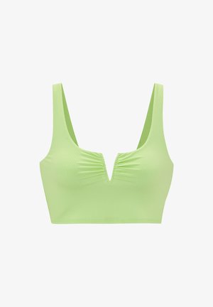 Grüne gerippte Bralette mit breiten Trägern und einem tiefen V-Ausschnitt. Glatte Textur mit dezentem Raffungselement in der Mitte vorne.