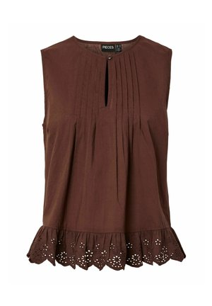 Hnedá blúzka bez rukávov s okrúhlym výstrihom, prednými záhybmi, predným zapínaním na gombík s kľúčovým otvorom a vlnkovaným lemom s kvetinovou vyšívkou s dierkami.